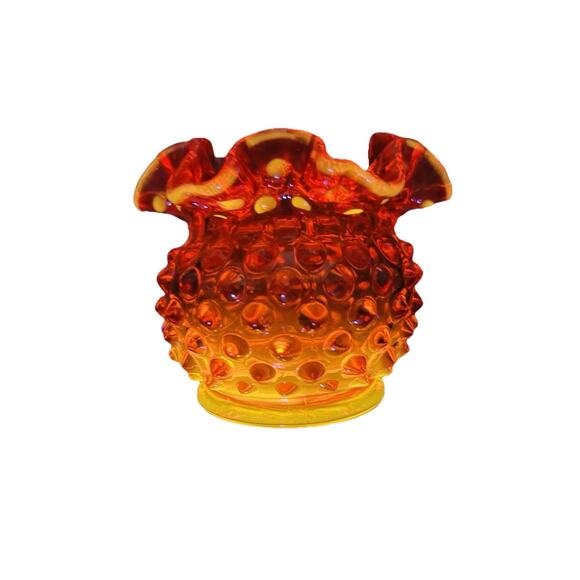 Fenton Glows Amberina Hobnail Small Rose Bowl Ruffle Crimped Orange Glass Vase - Picture 12 of 14